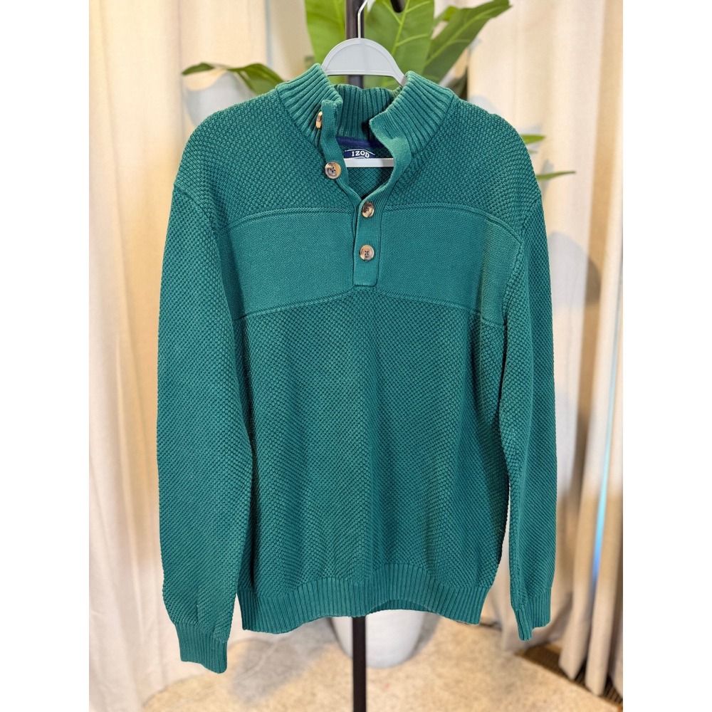IZOD Mens XL Forest Green Waffle Knit Quarter Button Mock Neck Sweater Pullover